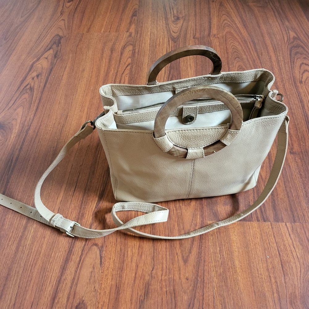 Rachel Roy Brown nude Leather Bag With Wooden Handles and Crossbody Strap